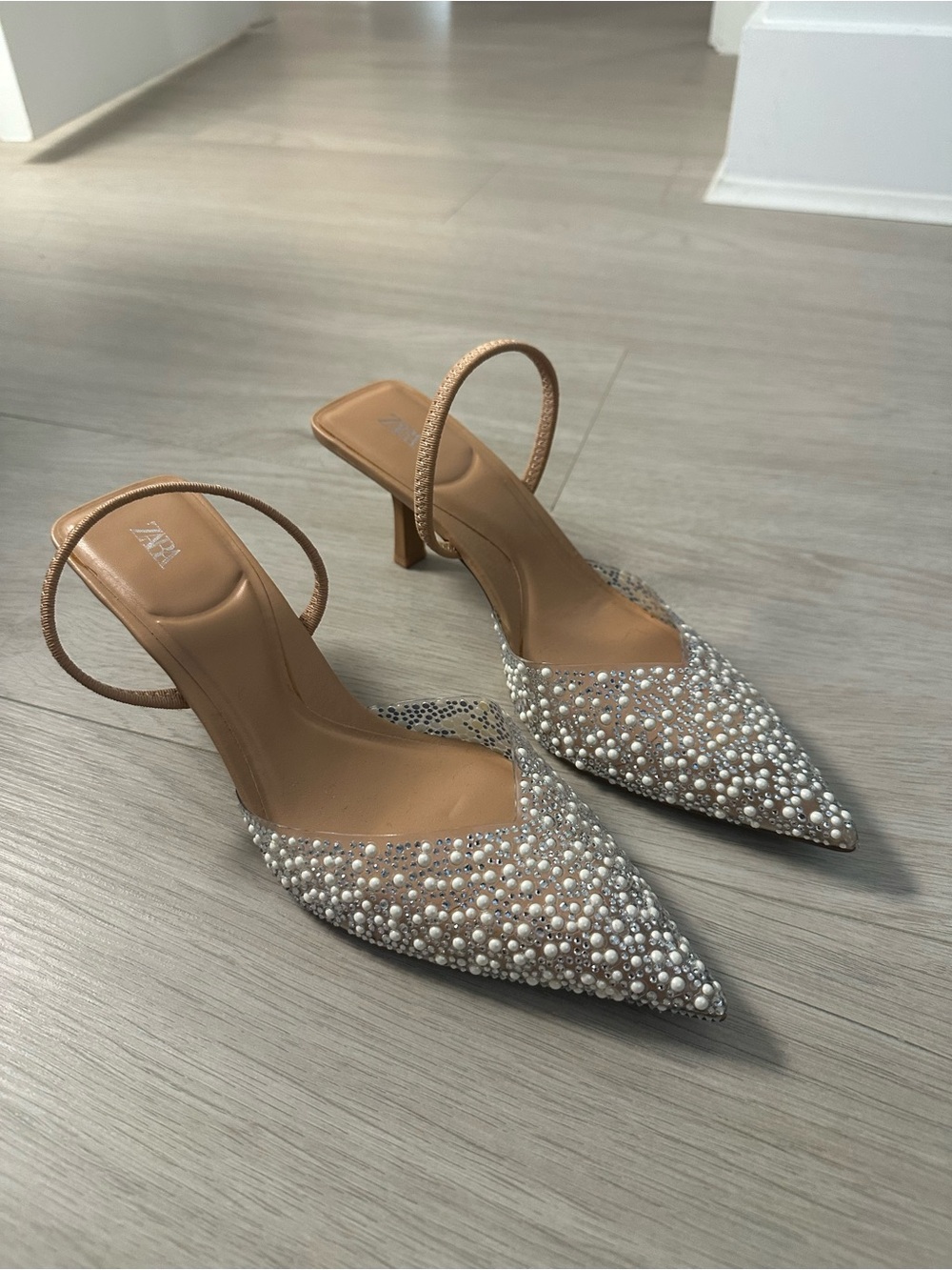 ZARA | Tan Slingback Pointed Heels with Pearl Embellishment